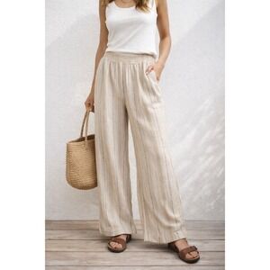Briggs Women Linen Blend Wide Leg Striped Smocked Waist Pants Tan Beige S Boho